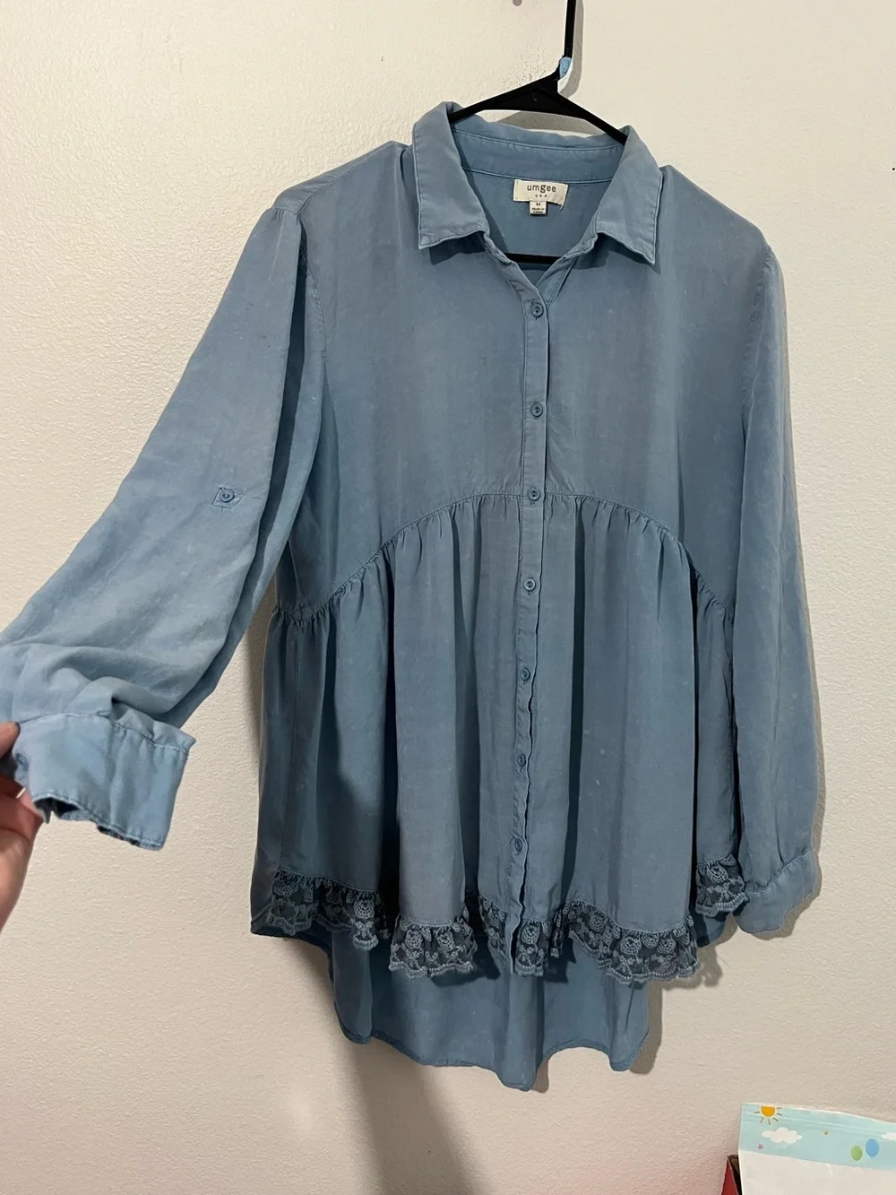 Umgee Dusty Blue Button-Front Baby doll Peplum Tunic with Lace Hem - Picture 3 of 16